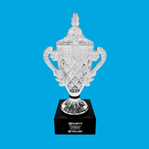 Glass trophy award for Mobile Disrupt's 2025 Innovation Award, awarded to FutureDial